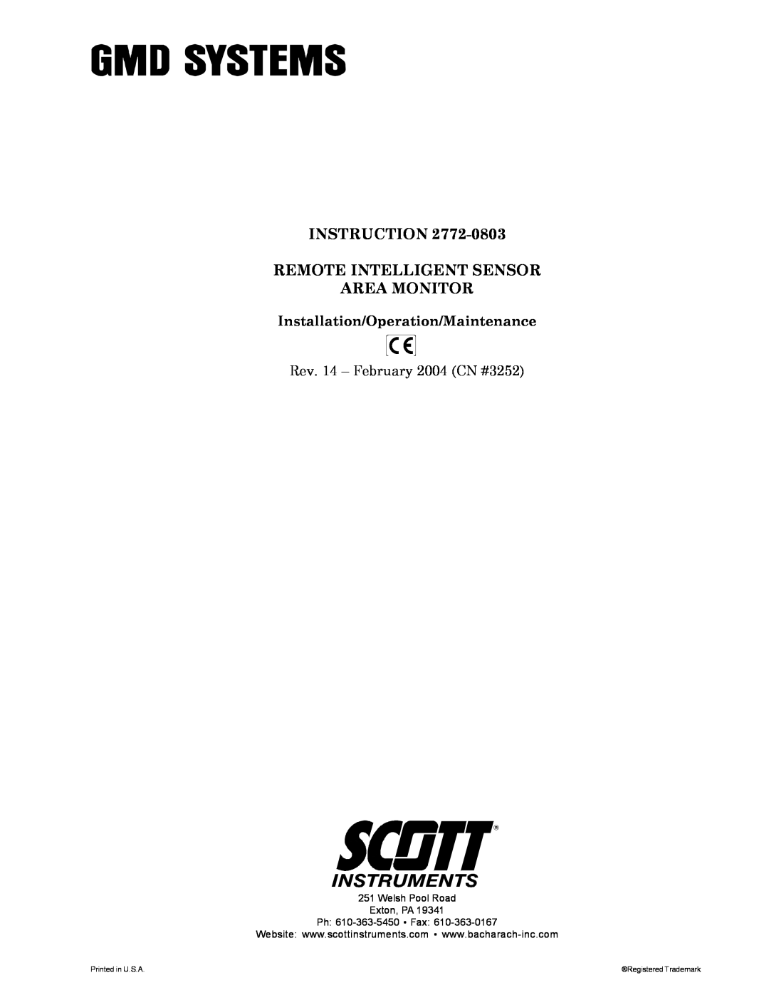 Bacharach 2772-0803 manual Rev. 14 - February 2004 CN #3252, Instruction Remote Intelligent Sensor Area Monitor 