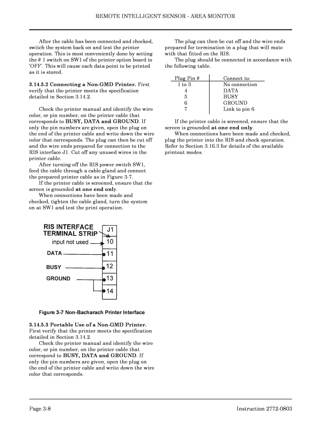 Bacharach 2772-0803 manual 7 Non-Bacharach Printer Interface 