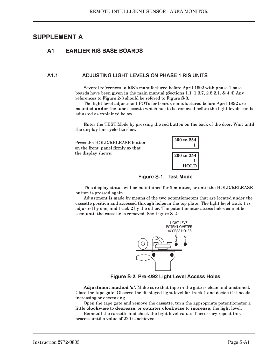 Bacharach 2772-0803 A1 EARLIER RIS BASE BOARDS, A1.1, Figure S-1. Test Mode, Figure S-2. Pre-4/92 Light Level Access Holes 