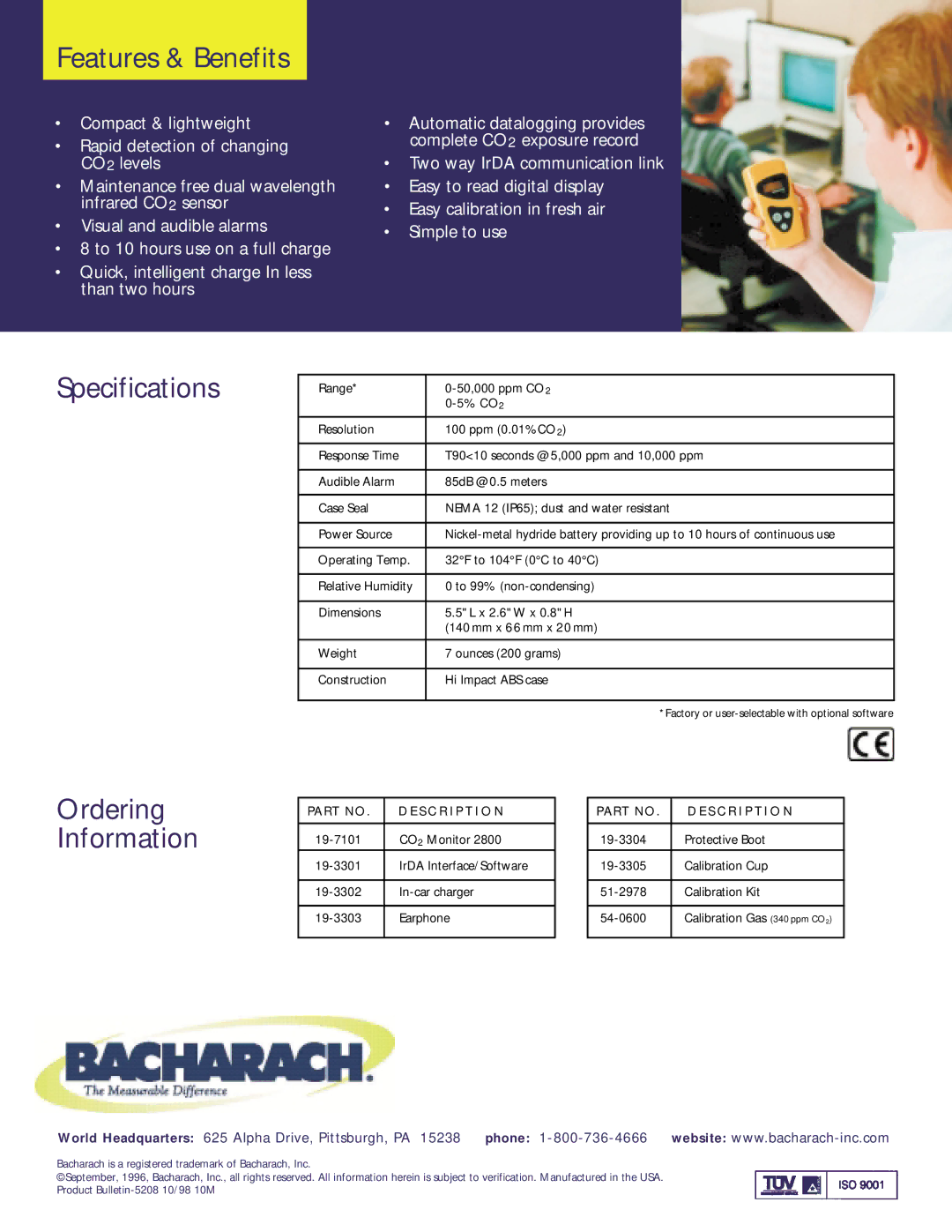 Bacharach 2800 manual Features & Benefits, Specifications, Ordering Information, S C R I P T I O N 