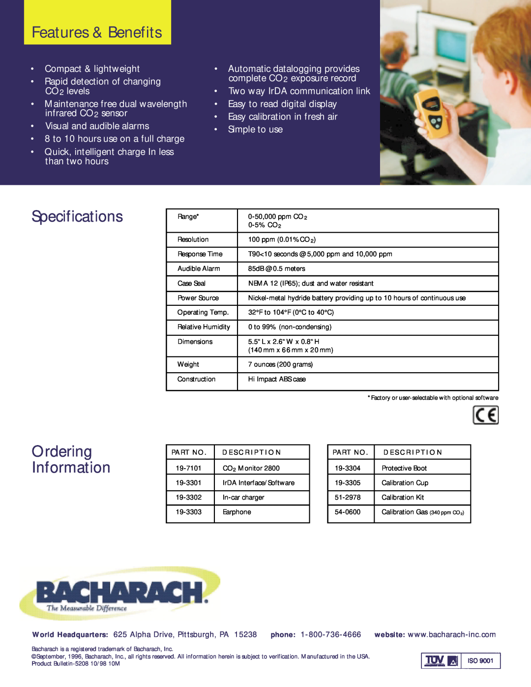 Bacharach 2800 manual Features & Benefits, Specifications, Ordering Information 