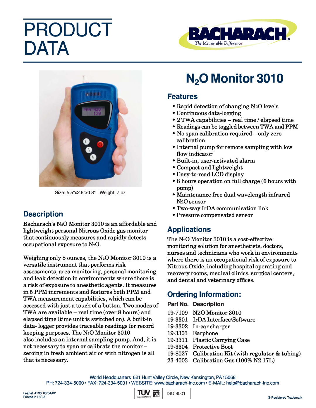 Bacharach 3010 manual Product Data, N2O Monitor, Description, Features, Applications, Ordering Information 