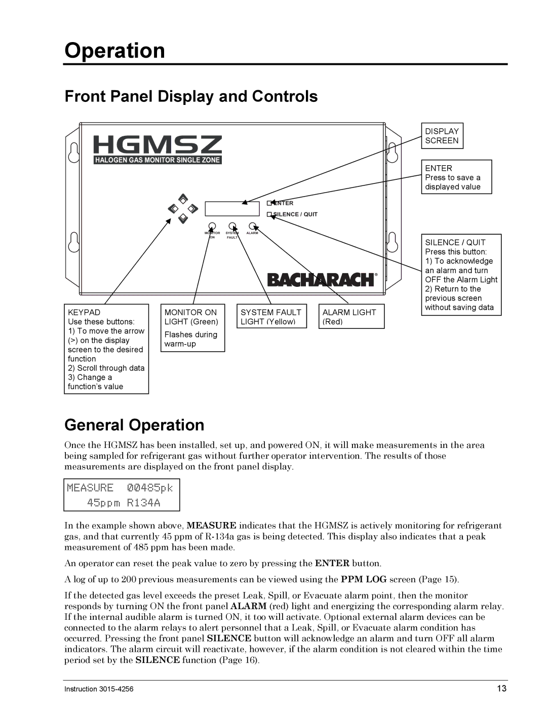 Bacharach 3015-4256 manual Front Panel Display and Controls, General Operation 