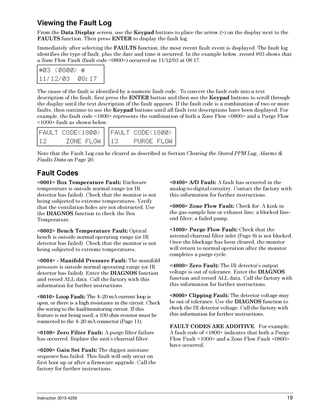 Bacharach 3015-4256 manual Viewing the Fault Log, Fault Codes 