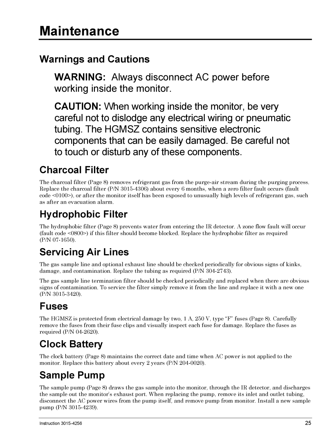 Bacharach 3015-4256 manual Charcoal Filter, Hydrophobic Filter, Servicing Air Lines, Fuses, Clock Battery, Sample Pump 