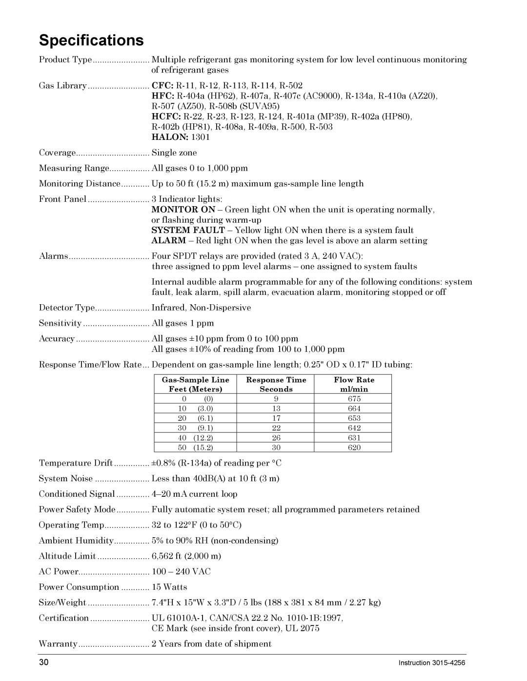 Bacharach 3015-4256 manual Specifications, Halon 