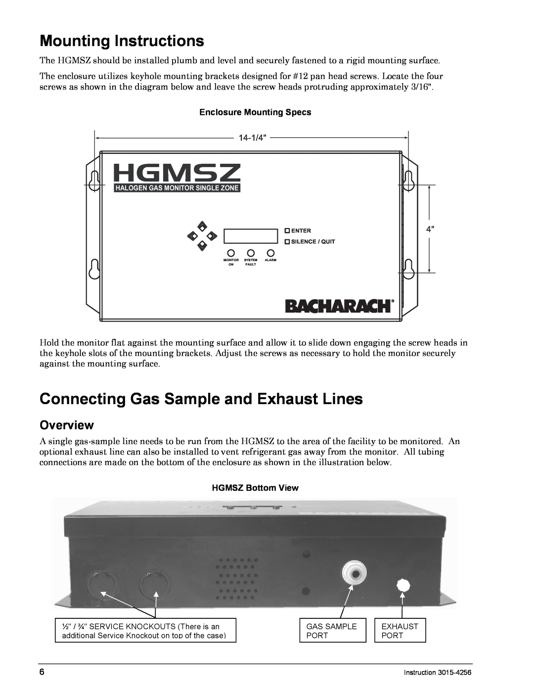 Bacharach 3015-4256 manual Mounting Instructions, Connecting Gas Sample and Exhaust Lines, Hgmsz, Enclosure Mounting Specs 