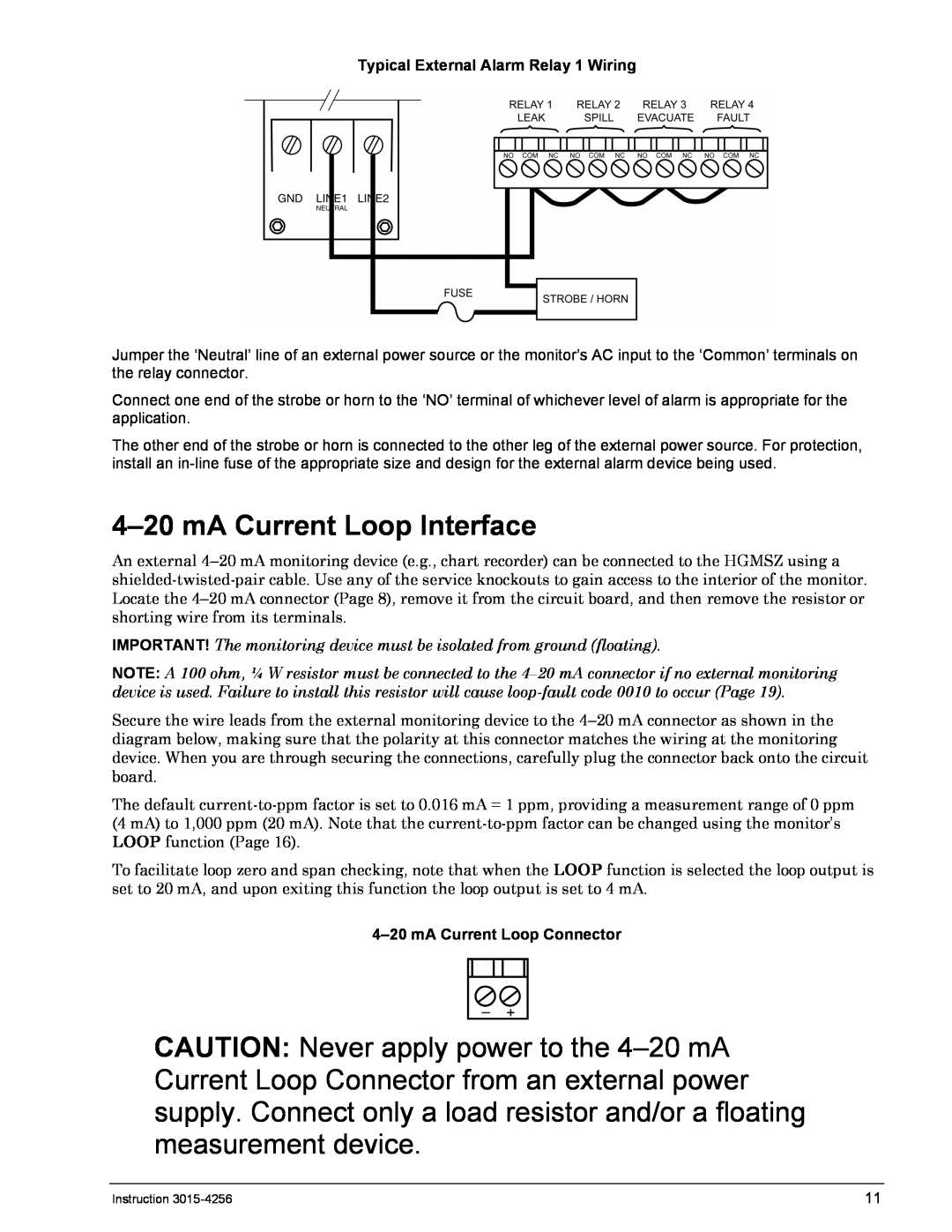 Bacharach 3015-4256 4-20mA Current Loop Interface, Typical External Alarm Relay 1 Wiring, 4-20mA Current Loop Connector 