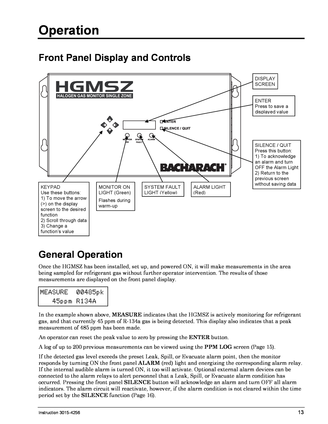 Bacharach 3015-4256 manual Front Panel Display and Controls, General Operation, Hgmsz 