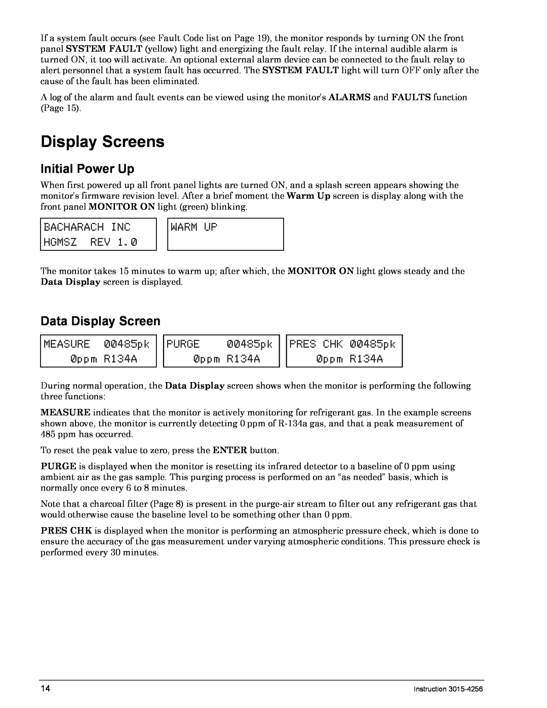 Bacharach 3015-4256 manual Display Screens, Initial Power Up, Data Display Screen 