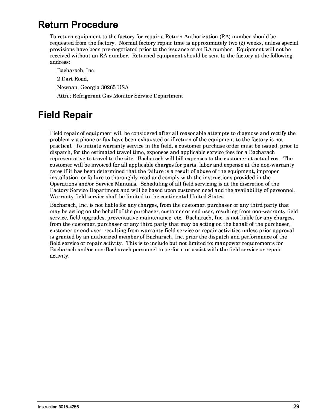 Bacharach 3015-4256 manual Return Procedure, Field Repair 
