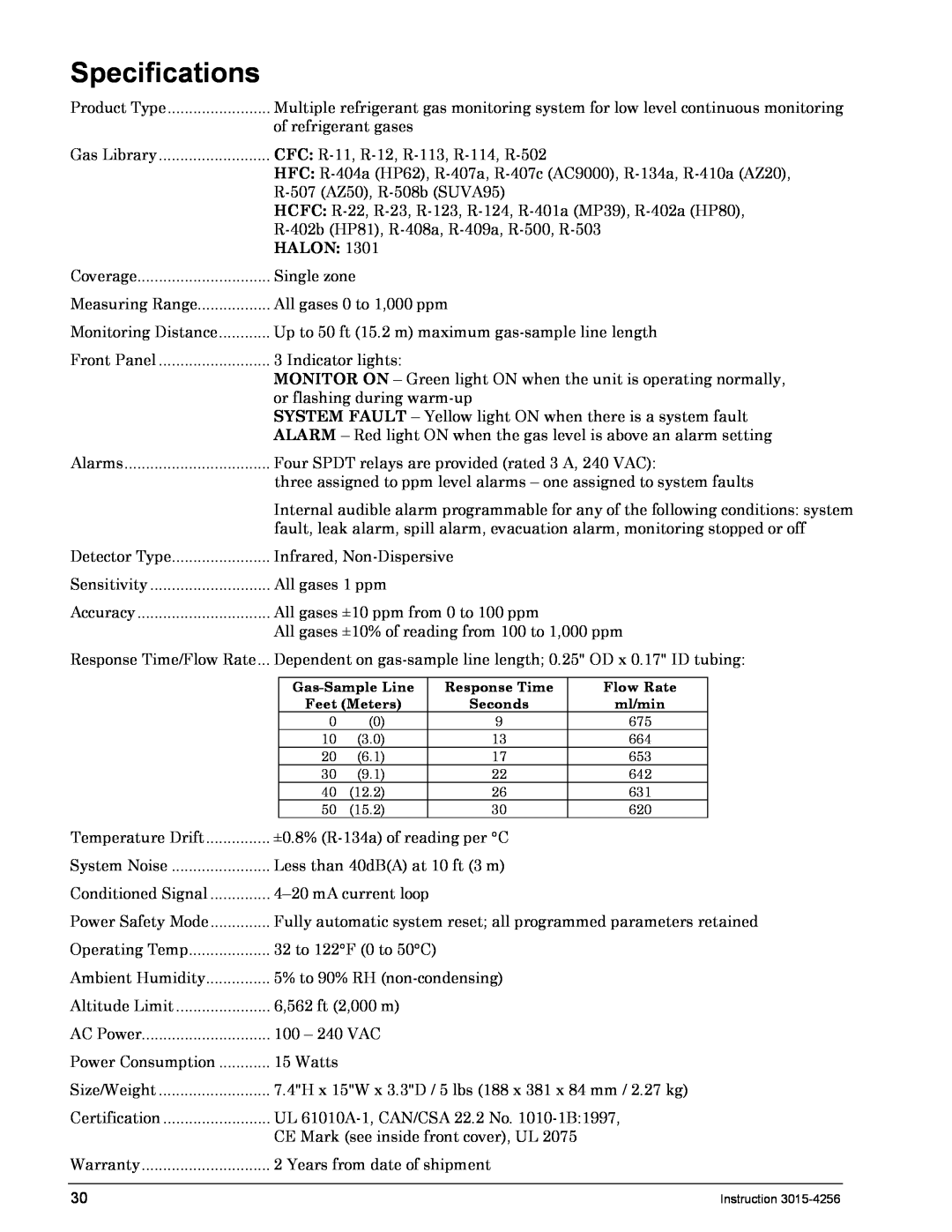 Bacharach 3015-4256 manual Specifications, Halon 