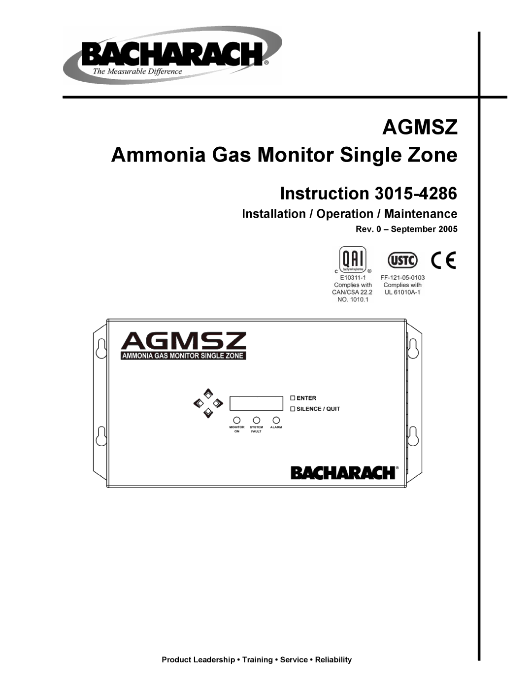 Bacharach 3015-4286 manual Agmsz Ammonia Gas Monitor Single Zone, Installation / Operation / Maintenance, Rev September 