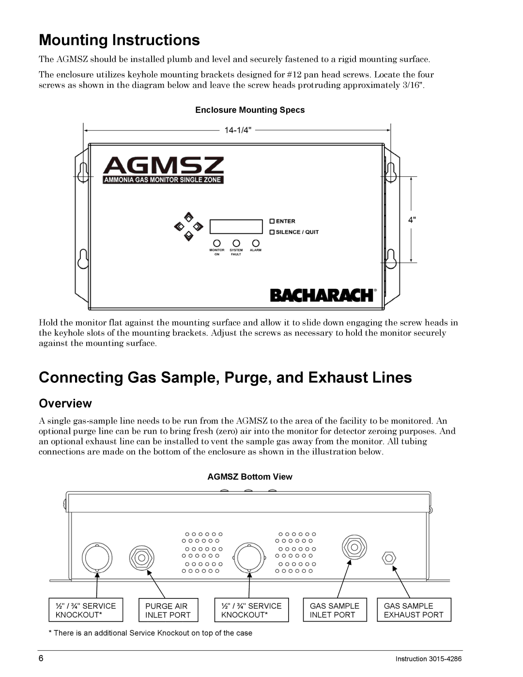 Bacharach 3015-4286 Mounting Instructions, Connecting Gas Sample, Purge, and Exhaust Lines, Overview, Agmsz Bottom View 