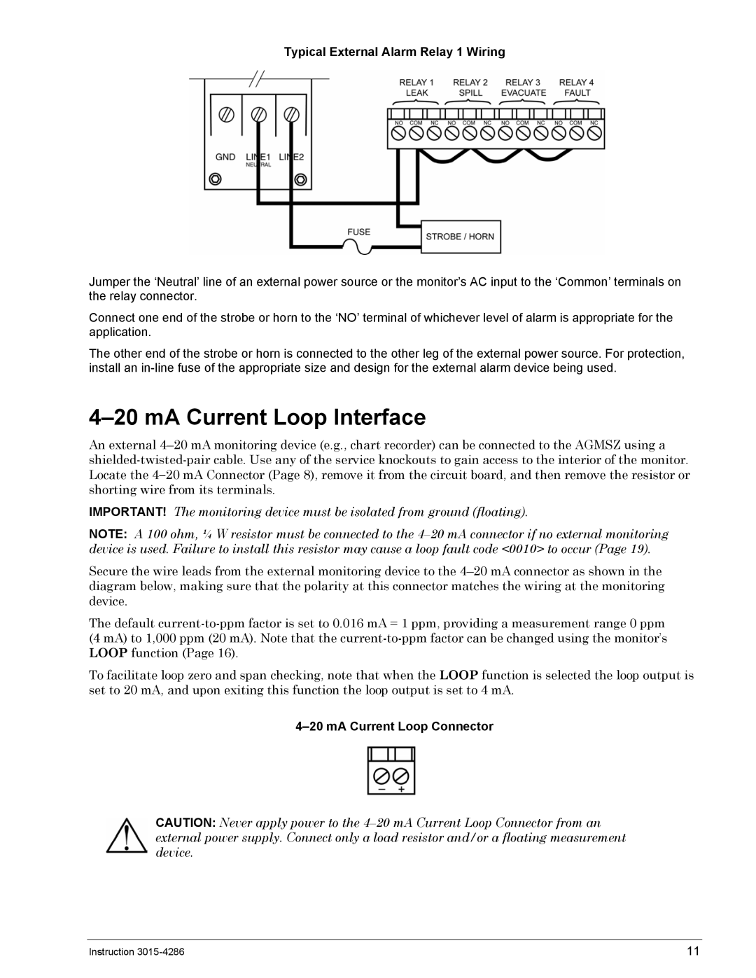 Bacharach 3015-4286 manual MA Current Loop Interface, Typical External Alarm Relay 1 Wiring, MA Current Loop Connector 