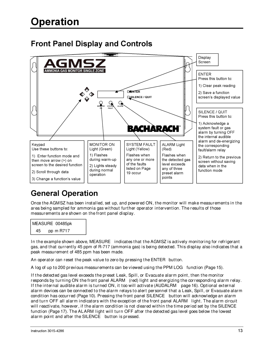 Bacharach 3015-4286 manual Front Panel Display and Controls, General Operation 