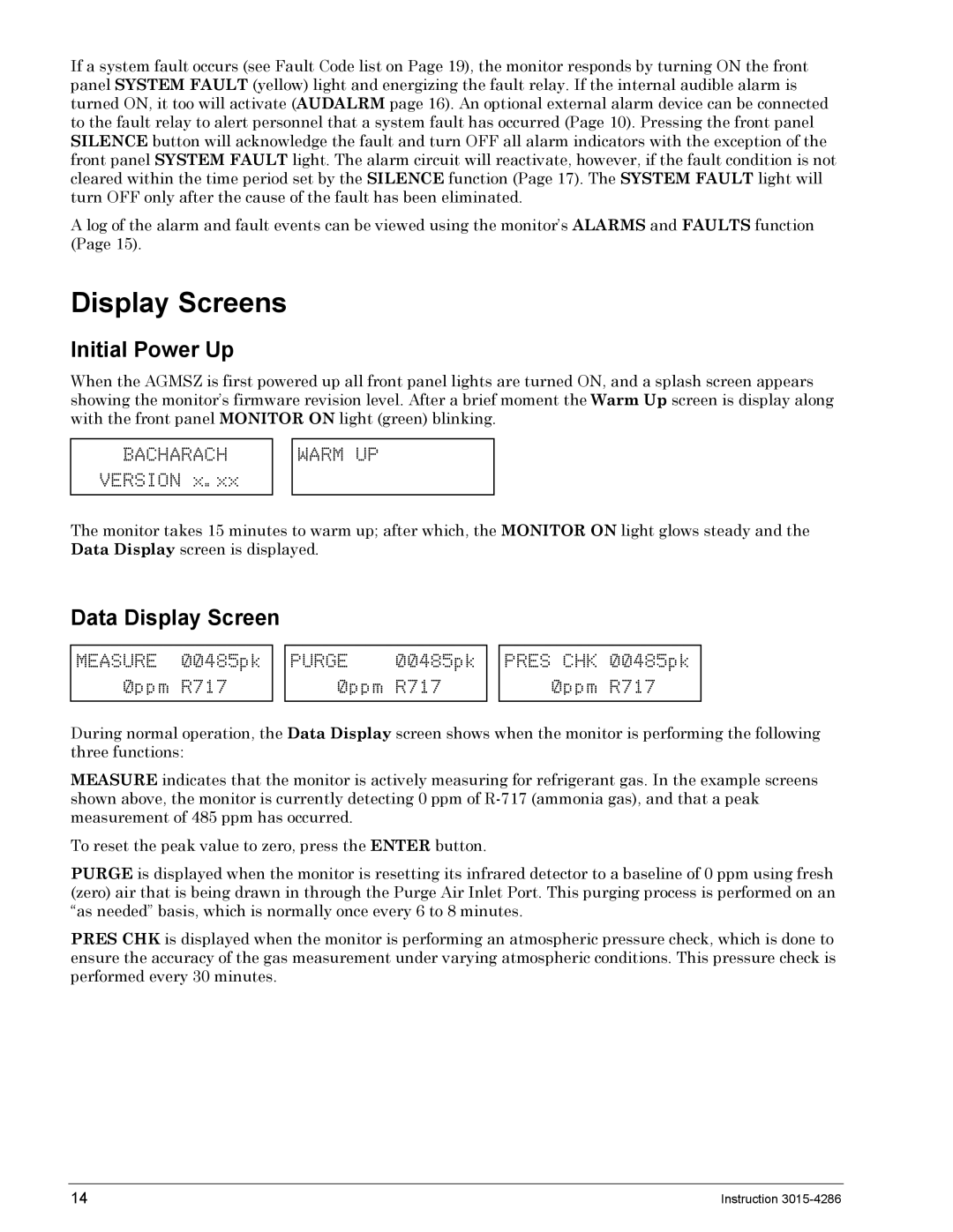 Bacharach 3015-4286 manual Display Screens, Initial Power Up, Data Display Screen 