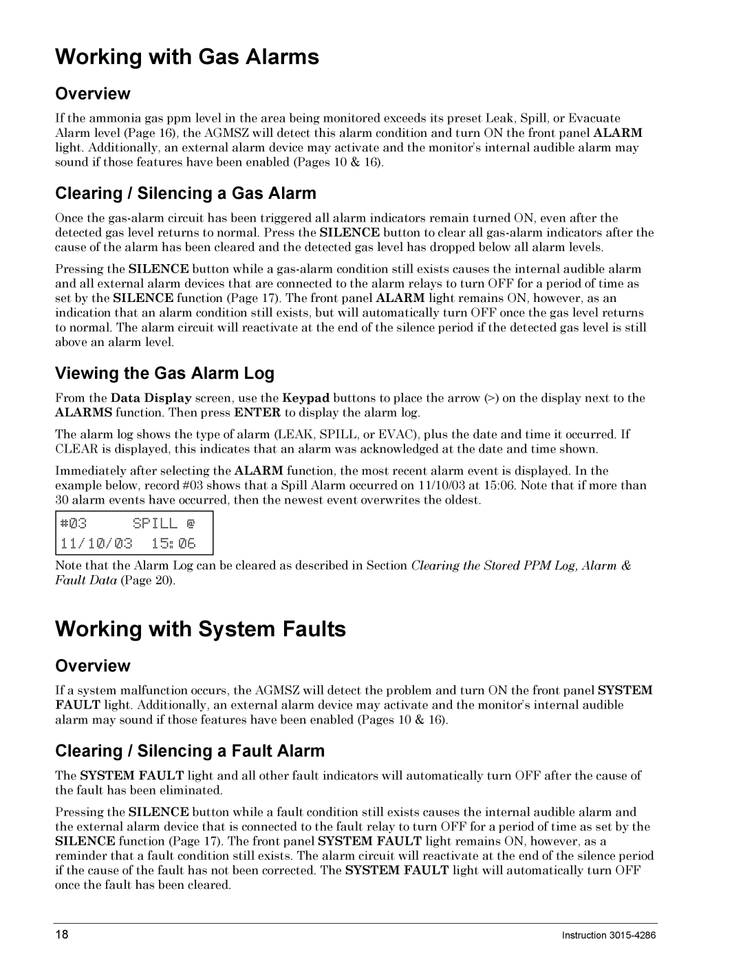 Bacharach 3015-4286 manual Working with Gas Alarms, Working with System Faults, Clearing / Silencing a Gas Alarm 