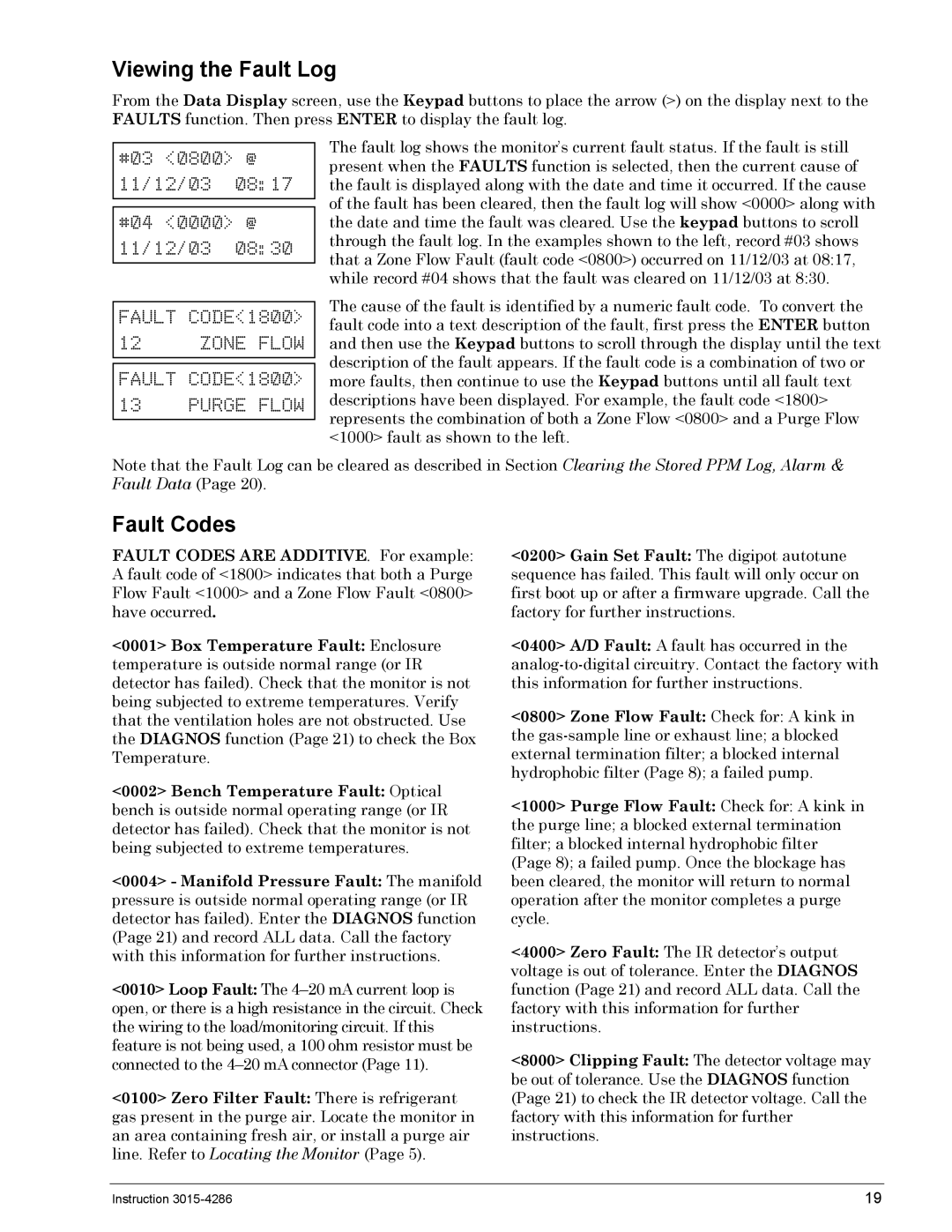 Bacharach 3015-4286 manual Viewing the Fault Log, Fault Codes 