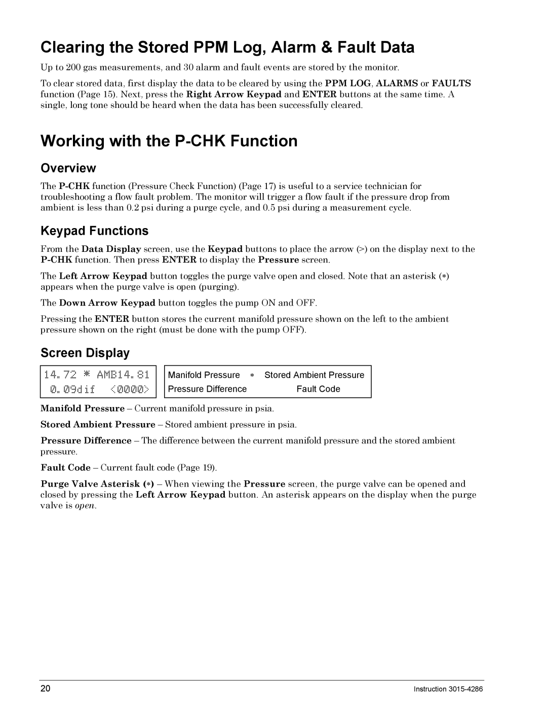 Bacharach 3015-4286 Clearing the Stored PPM Log, Alarm & Fault Data, Working with the P-CHK Function, Keypad Functions 