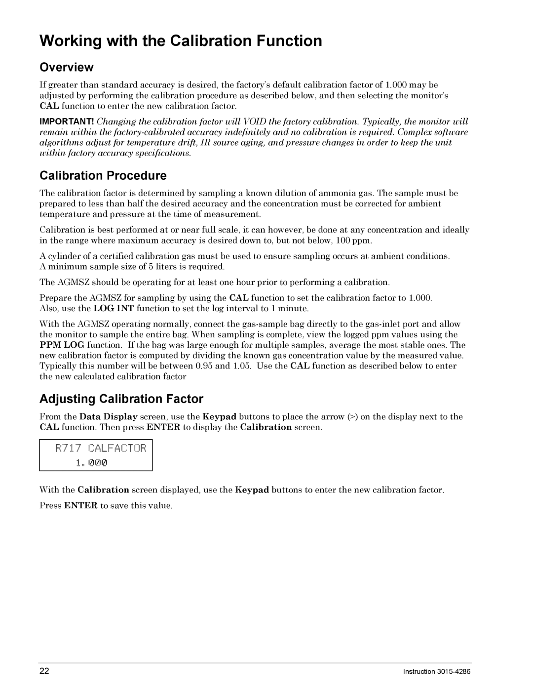 Bacharach 3015-4286 manual Working with the Calibration Function, Calibration Procedure, Adjusting Calibration Factor 