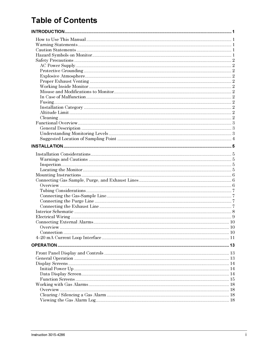 Bacharach 3015-4286 manual Table of Contents 