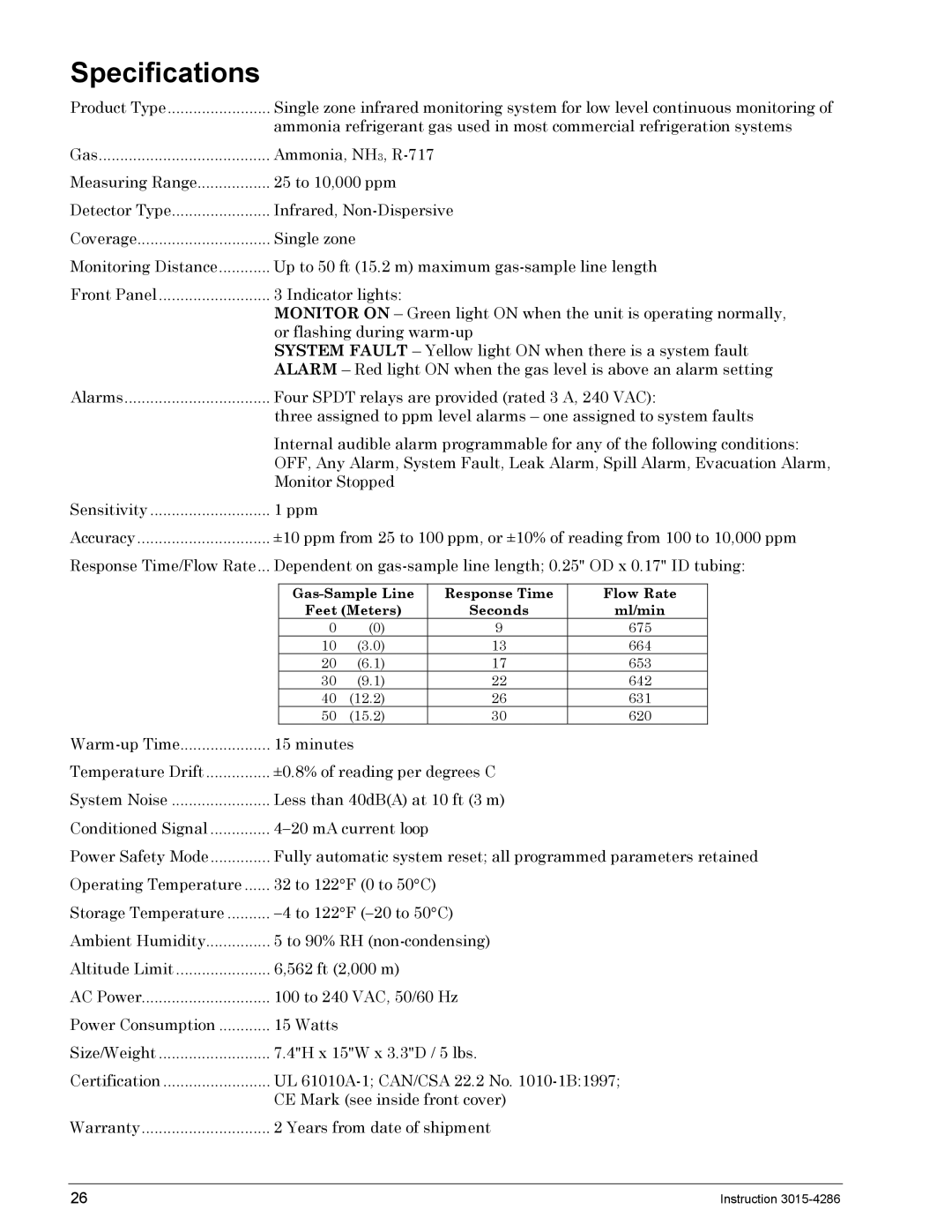 Bacharach 3015-4286 manual Specifications, Years from date of shipment 