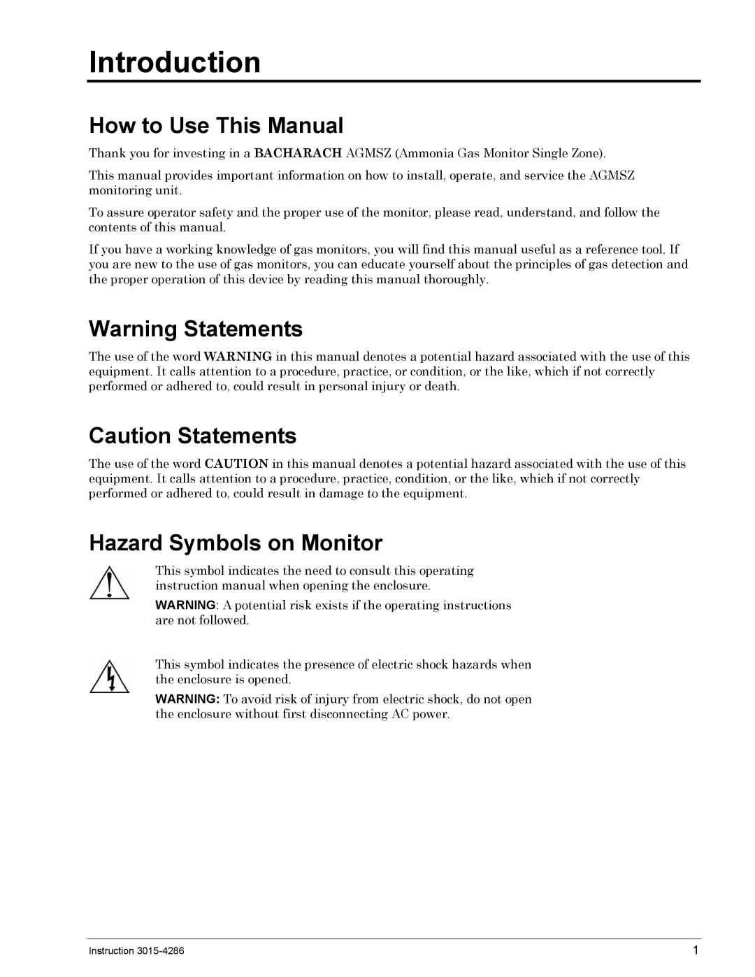 Bacharach 3015-4286 manual Introduction, How to Use This Manual, Hazard Symbols on Monitor 