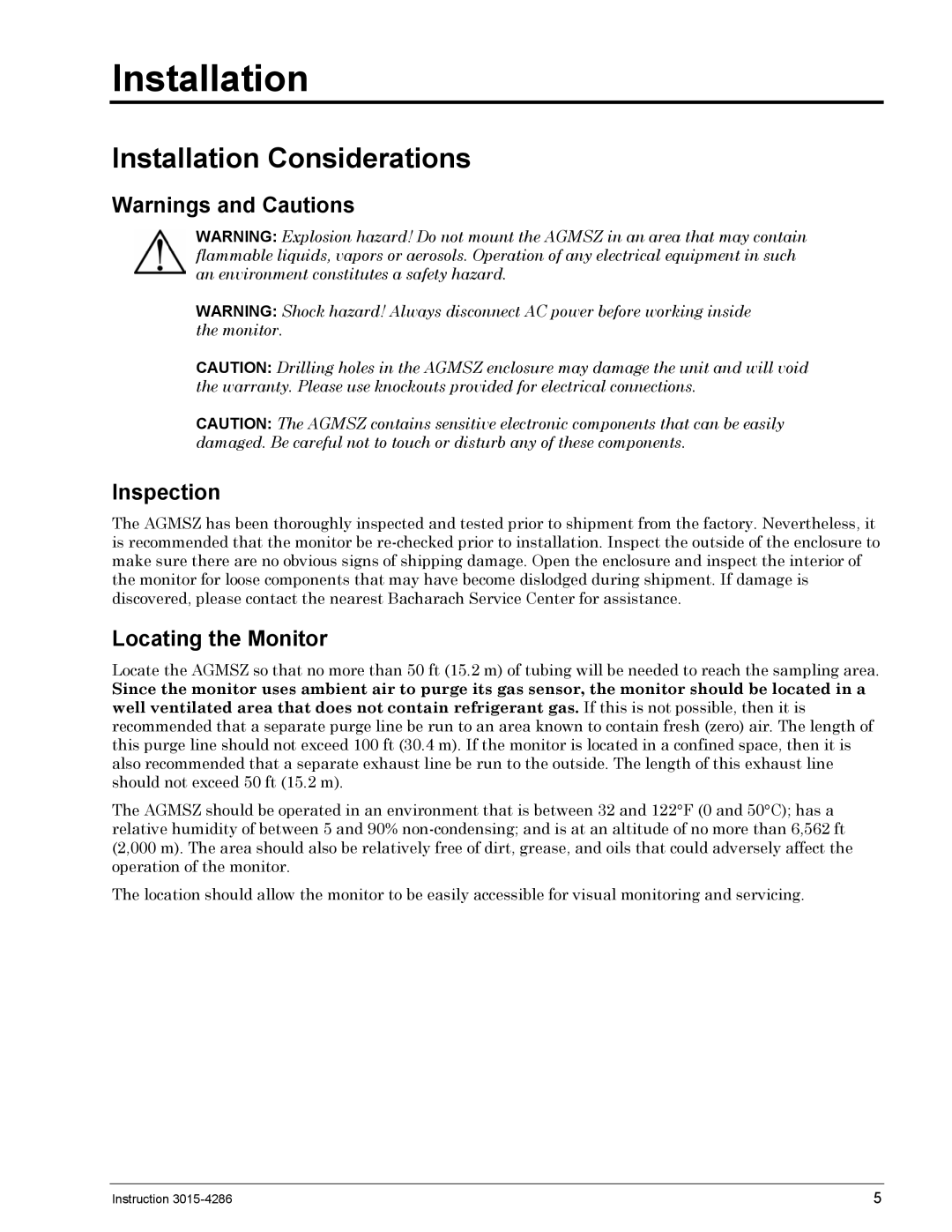 Bacharach 3015-4286 manual Installation Considerations, Inspection, Locating the Monitor 