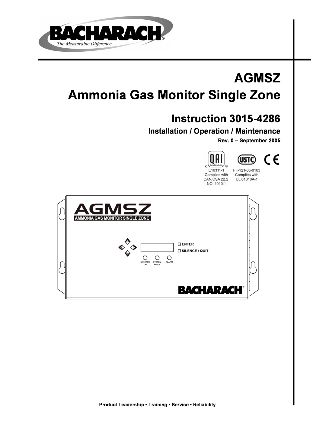 Bacharach 3015-4286 manual AGMSZ Ammonia Gas Monitor Single Zone, Installation / Operation / Maintenance, Instruction 