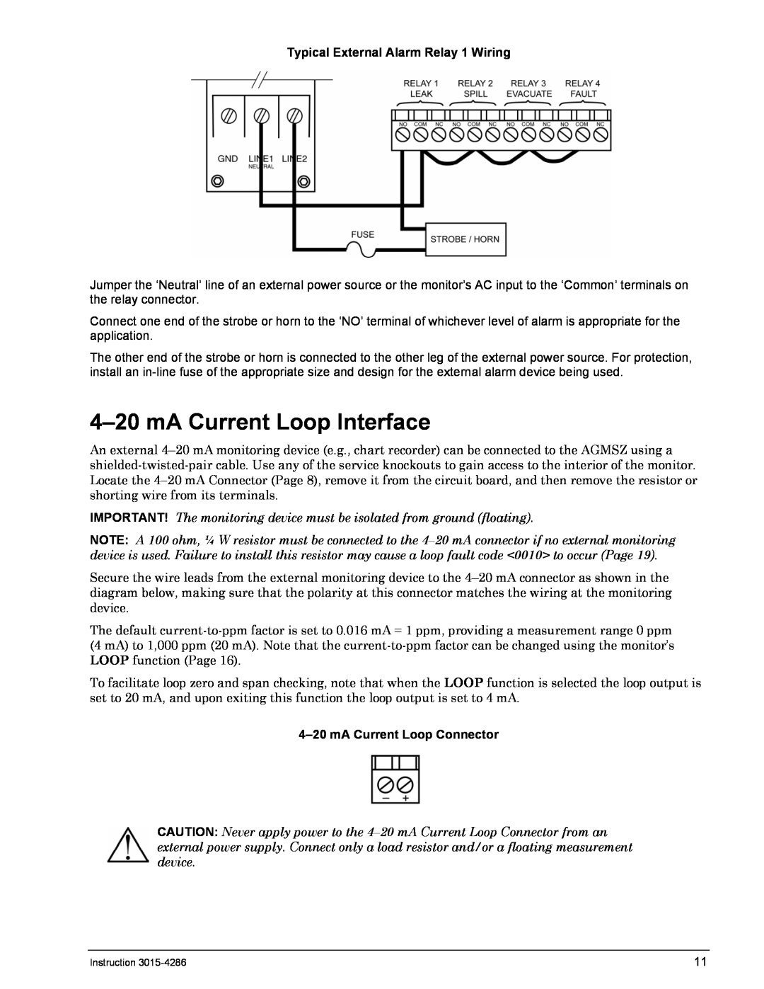 Bacharach 3015-4286 4-20mA Current Loop Interface, Typical External Alarm Relay 1 Wiring, 4-20mA Current Loop Connector 