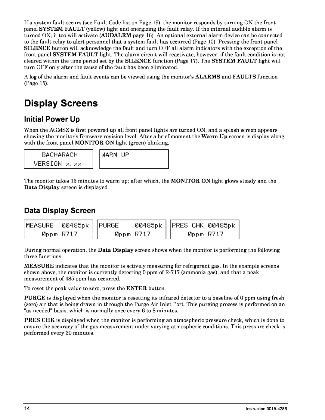 Bacharach 3015-4286 manual Display Screens, Initial Power Up, Data Display Screen 