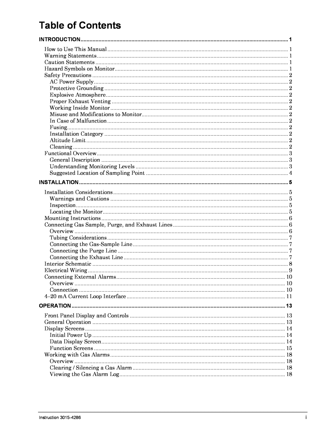 Bacharach 3015-4286 manual Table of Contents 