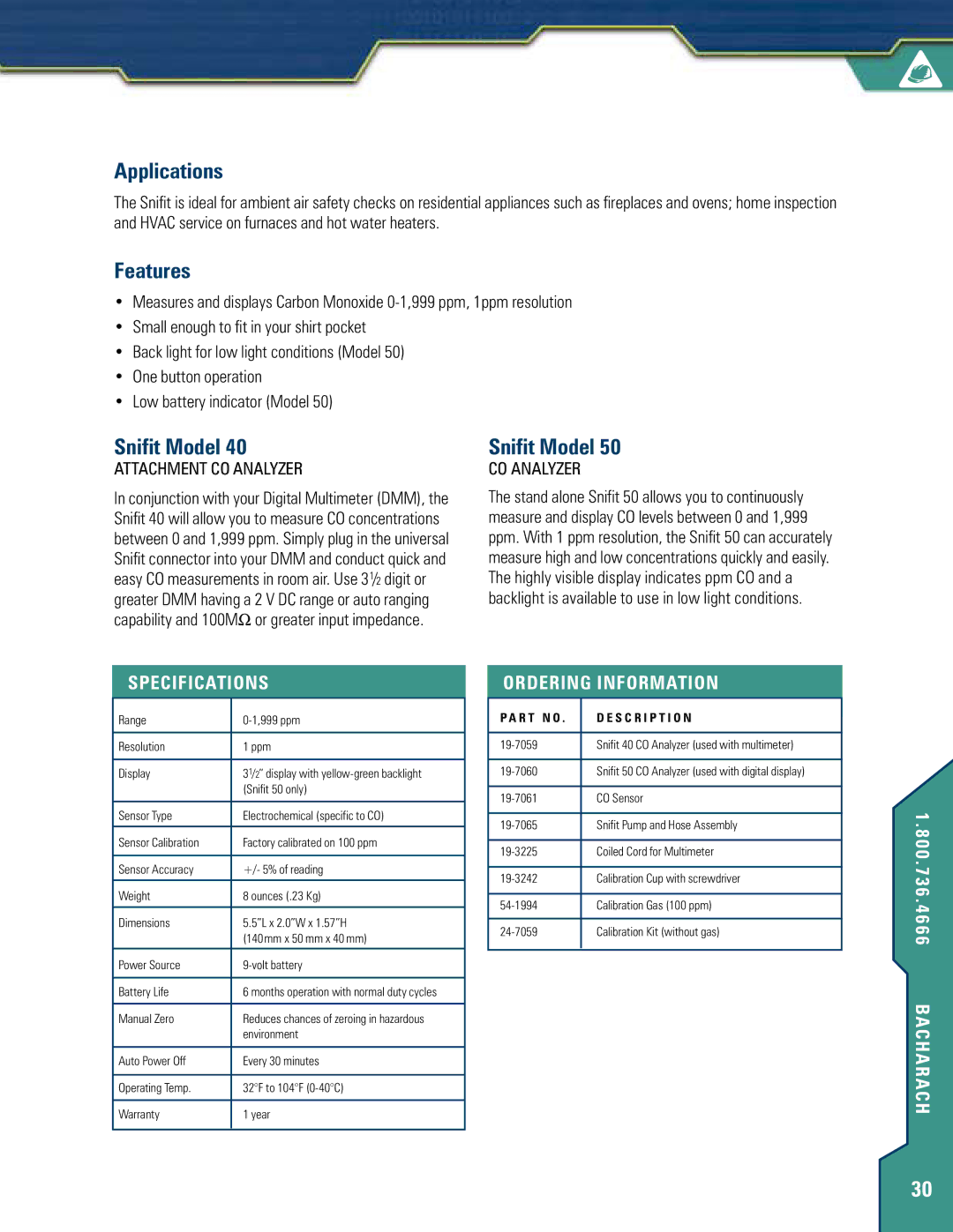 Bacharach 40 manual Applications, Features, Snifit Model, Specifications, Ordering Information 