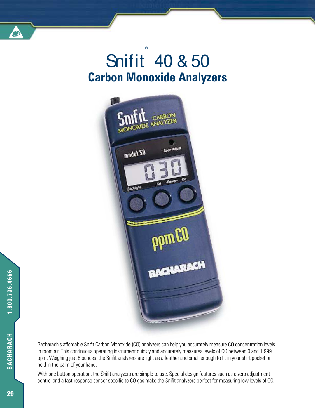 Bacharach 40 manual Bacharach, Snifit, Carbon Monoxide Analyzers 
