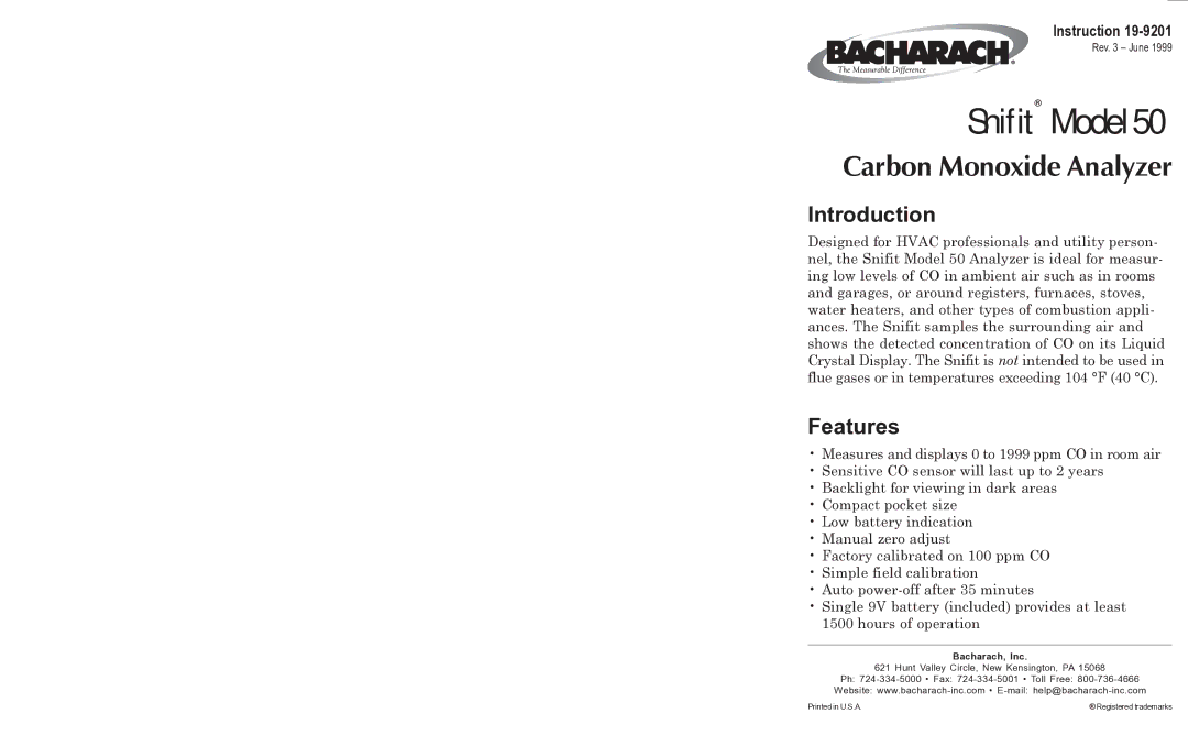 Bacharach 50 manual Snifit Model 