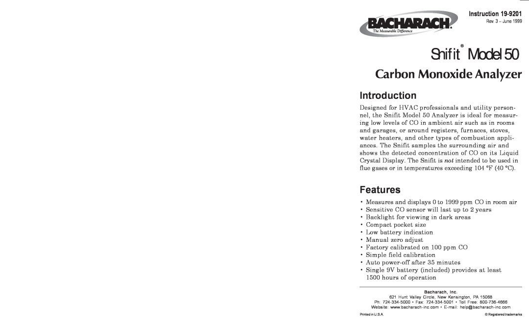 Bacharach 50 manual Snifit Model, Carbon Monoxide Analyzer, Introduction, Features, Instruction 