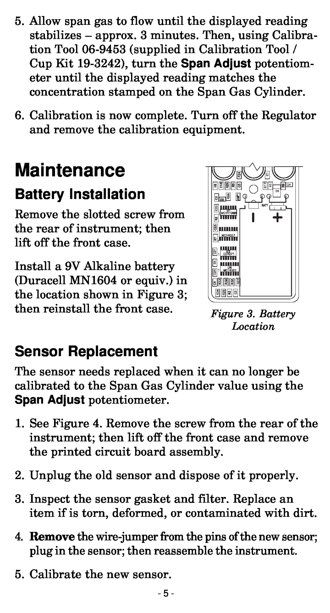 Bacharach 50 manual Maintenance, Battery Installation, Sensor Replacement 