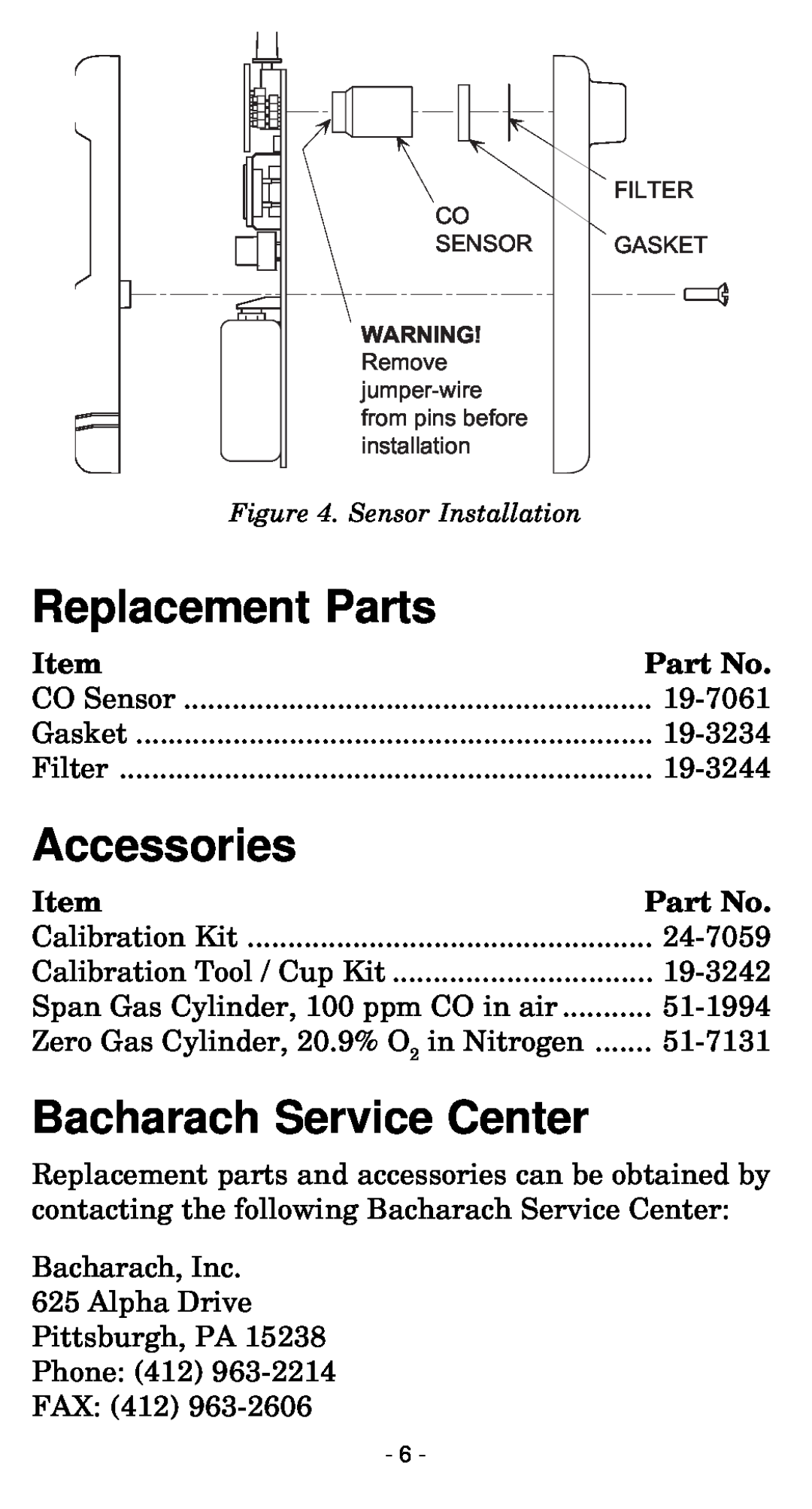 Bacharach 50 manual Replacement Parts, Accessories, Bacharach Service Center 