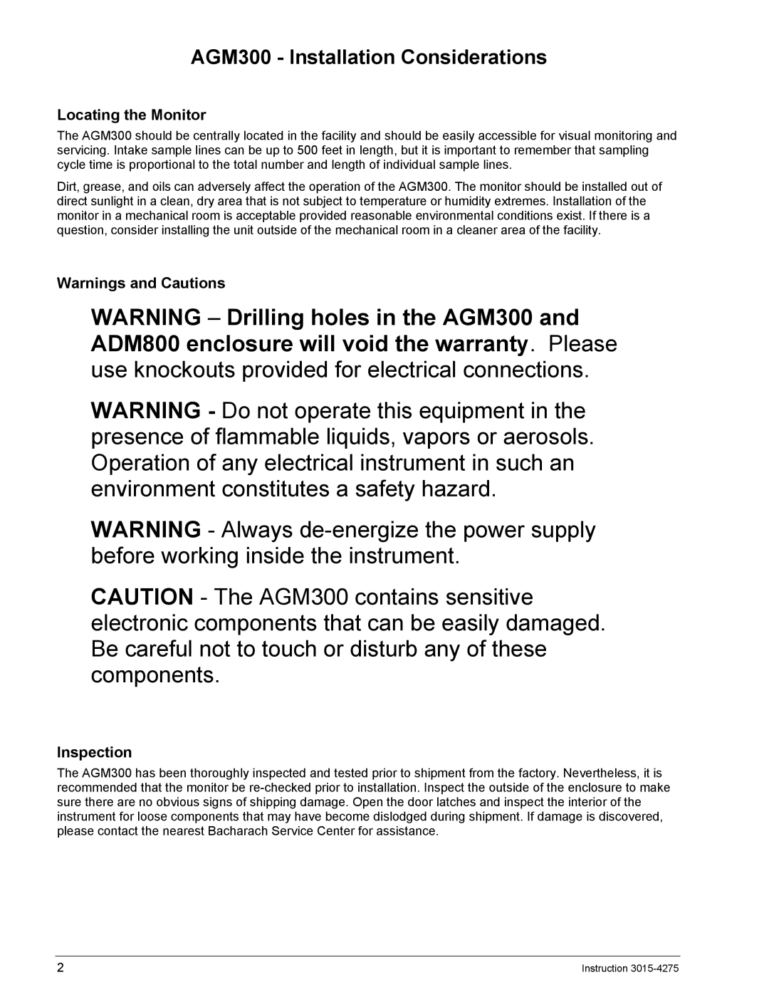 Bacharach ADM800 manual AGM300 Installation Considerations, Locating the Monitor, Inspection 