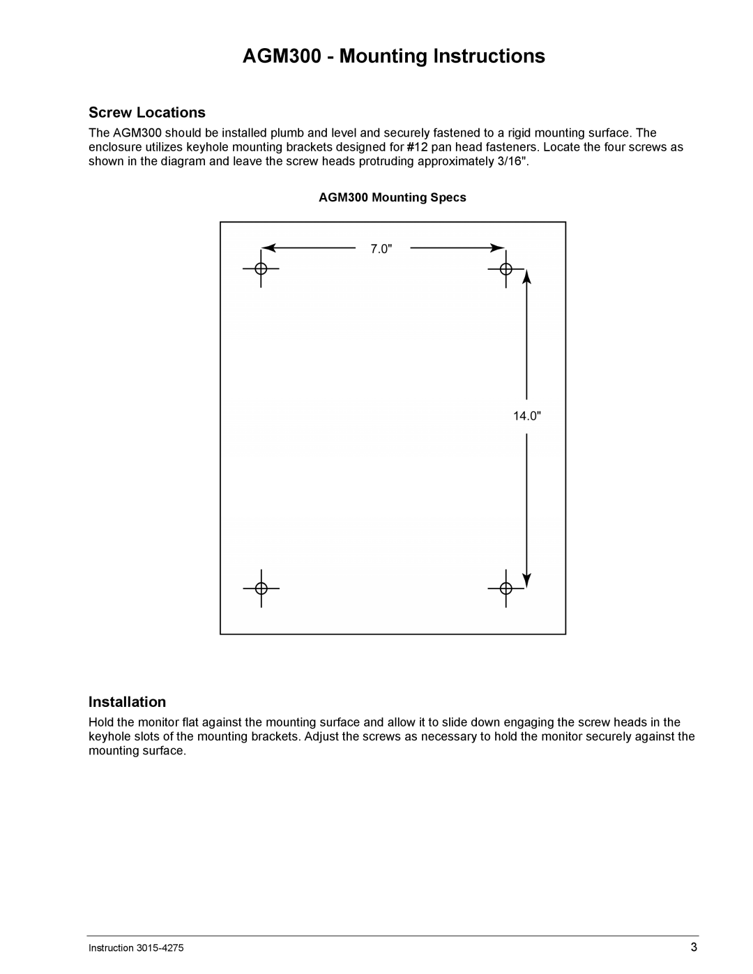 Bacharach ADM800 manual AGM300 Mounting Instructions, Screw Locations, Installation, AGM300 Mounting Specs 