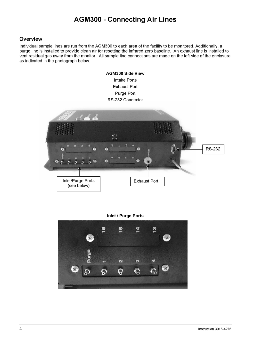 Bacharach ADM800 manual AGM300 Connecting Air Lines, Overview, AGM300 Side View, Inlet / Purge Ports 