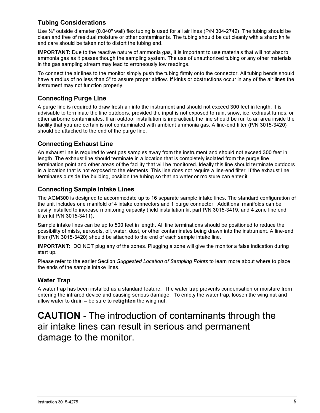 Bacharach AGM300 Tubing Considerations, Connecting Purge Line, Connecting Exhaust Line, Connecting Sample Intake Lines 