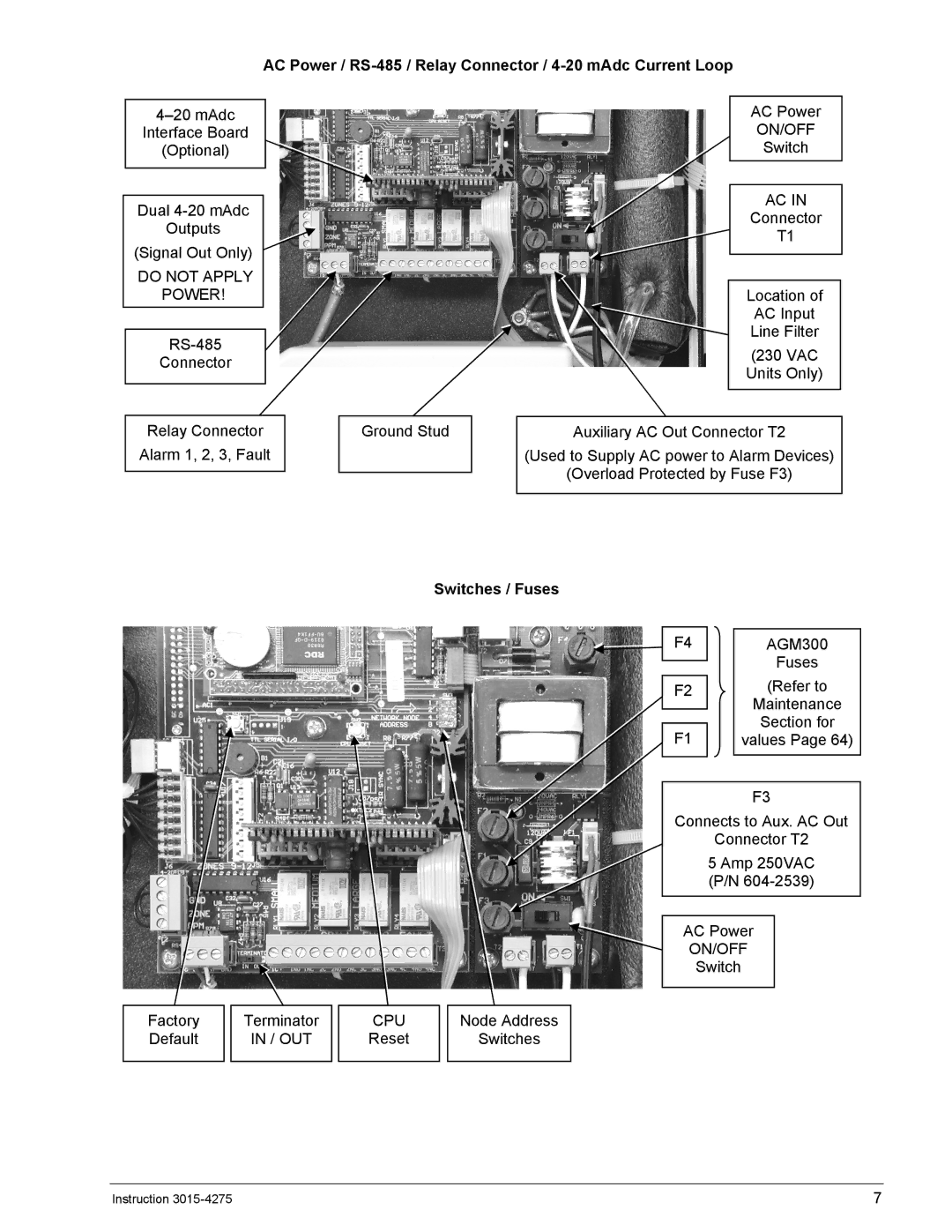 Bacharach AGM300, ADM800 manual Do not Apply Power, On/Off, Out, Switches / Fuses, Cpu 