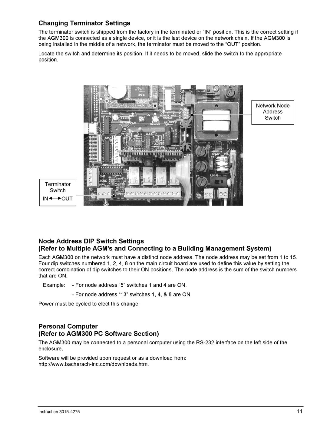 Bacharach ADM800 manual Changing Terminator Settings, Personal Computer Refer to AGM300 PC Software Section, Out 