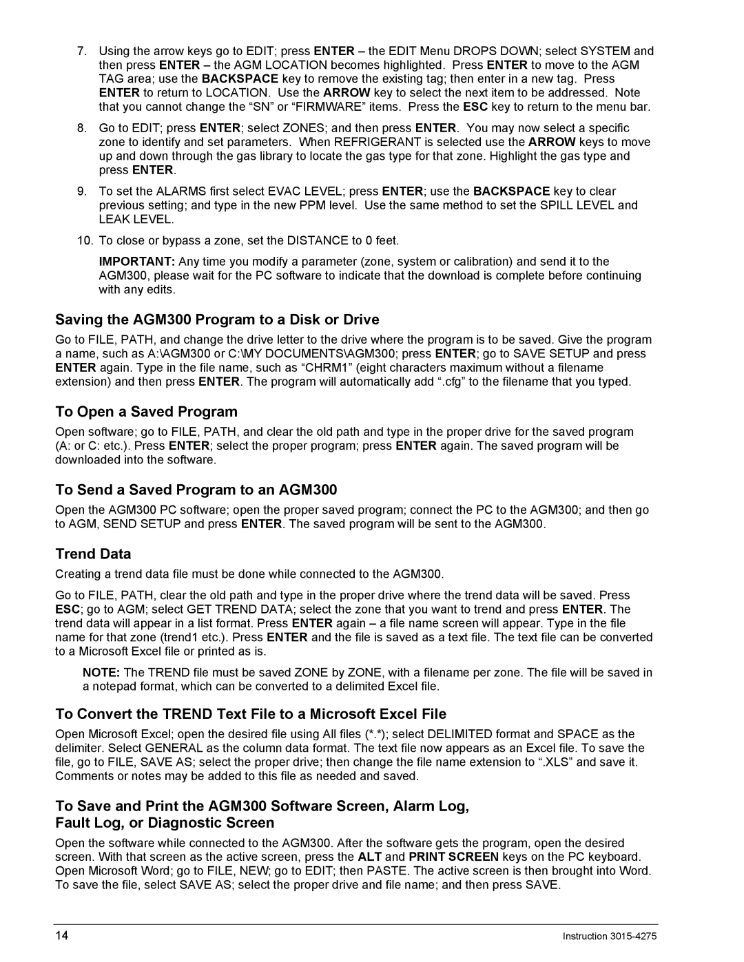 Bacharach ADM800 manual Saving the AGM300 Program to a Disk or Drive, To Open a Saved Program, Trend Data 