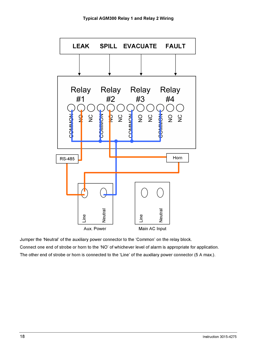 Bacharach ADM800 manual Leak Spill Evacuate Fault, Typical AGM300 Relay 1 and Relay 2 Wiring 