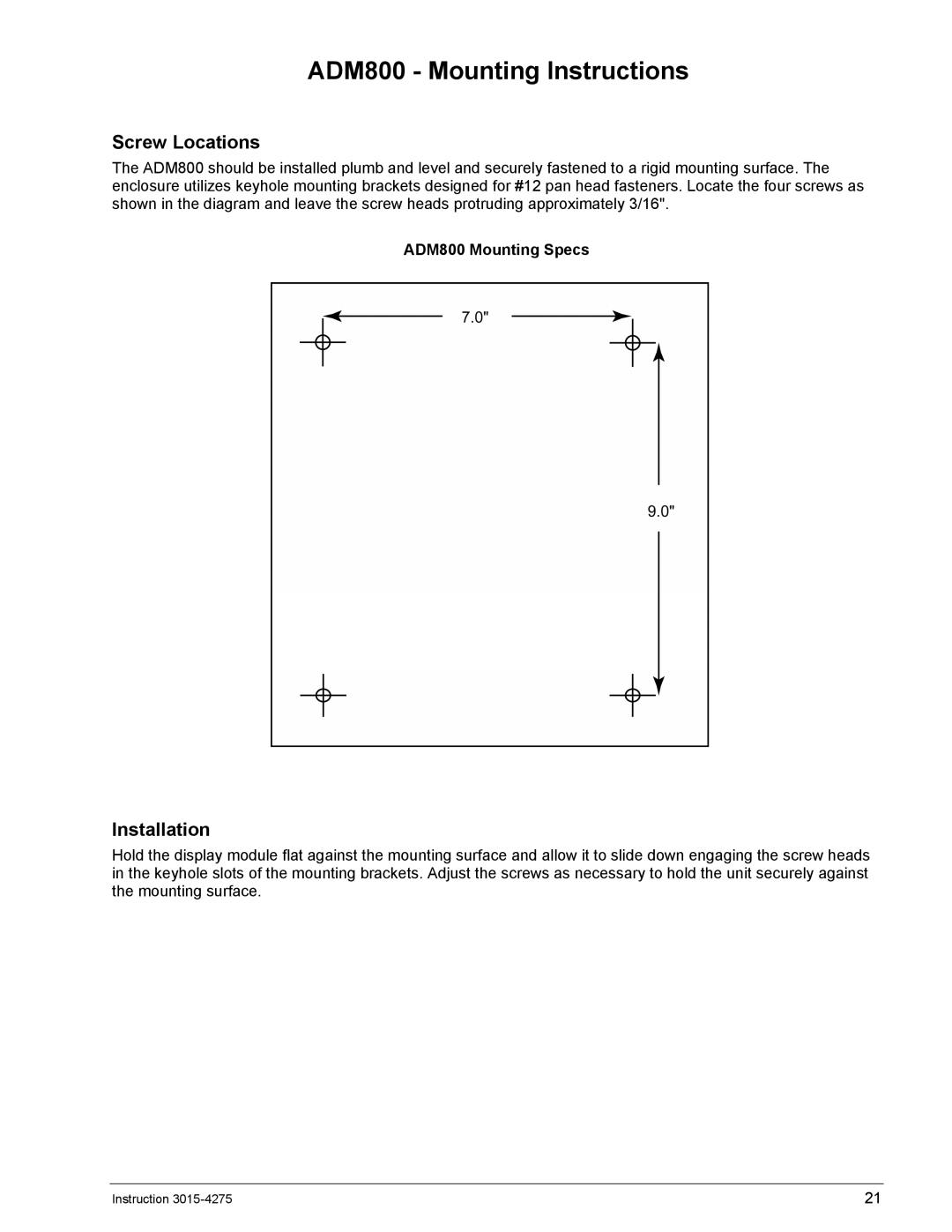 Bacharach AGM300 manual ADM800 Mounting Instructions, ADM800 Mounting Specs 