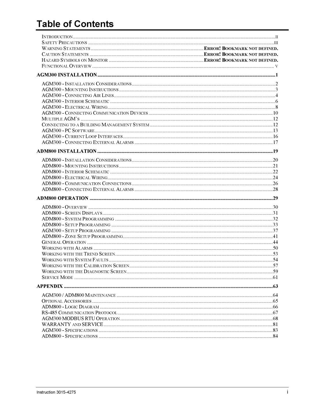 Bacharach AGM300, ADM800 manual Table of Contents 