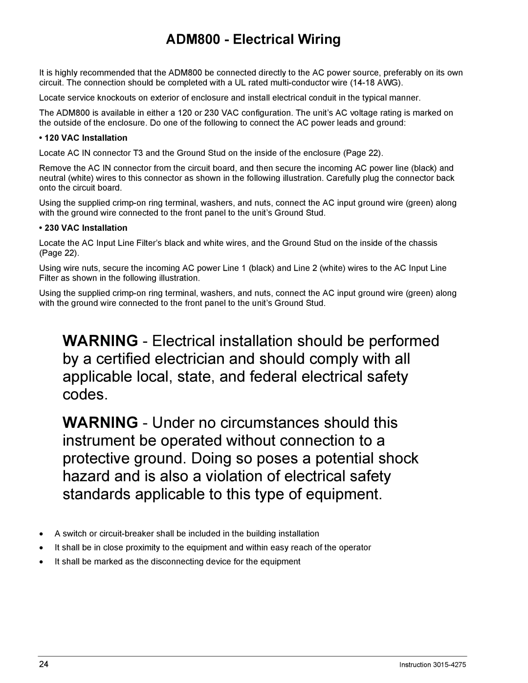 Bacharach AGM300 manual ADM800 Electrical Wiring, VAC Installation 